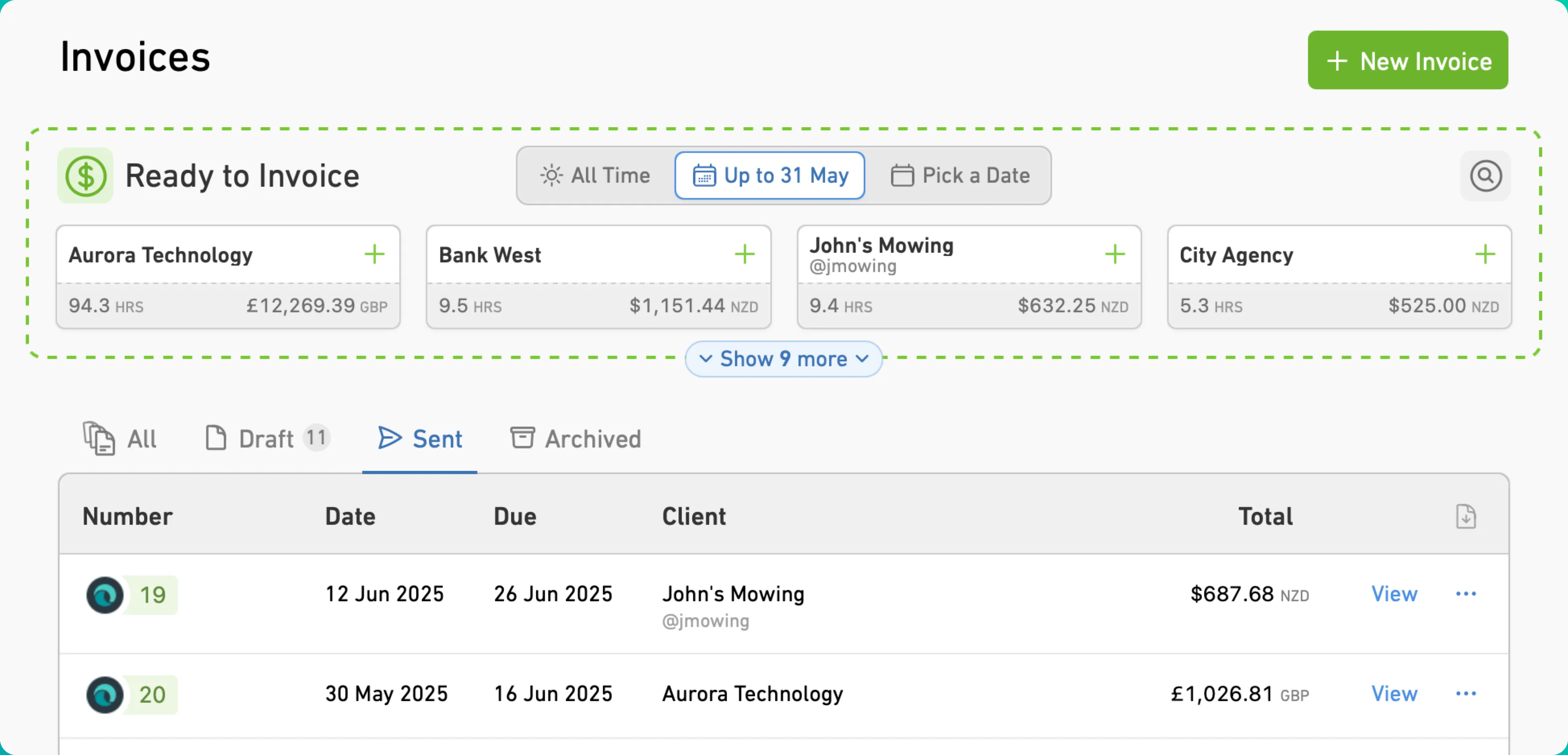 The MinuteDock invoices list showing time ready to bill to Wave